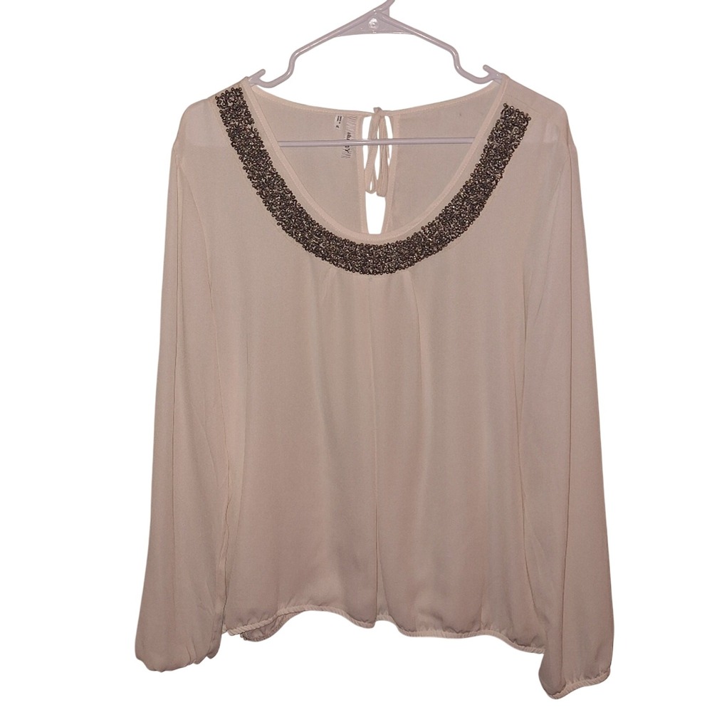 Studio Y Womens XL Cream Beaded Scoop Neck Long Sleeve Blouse Keyhole Back‎ Tie